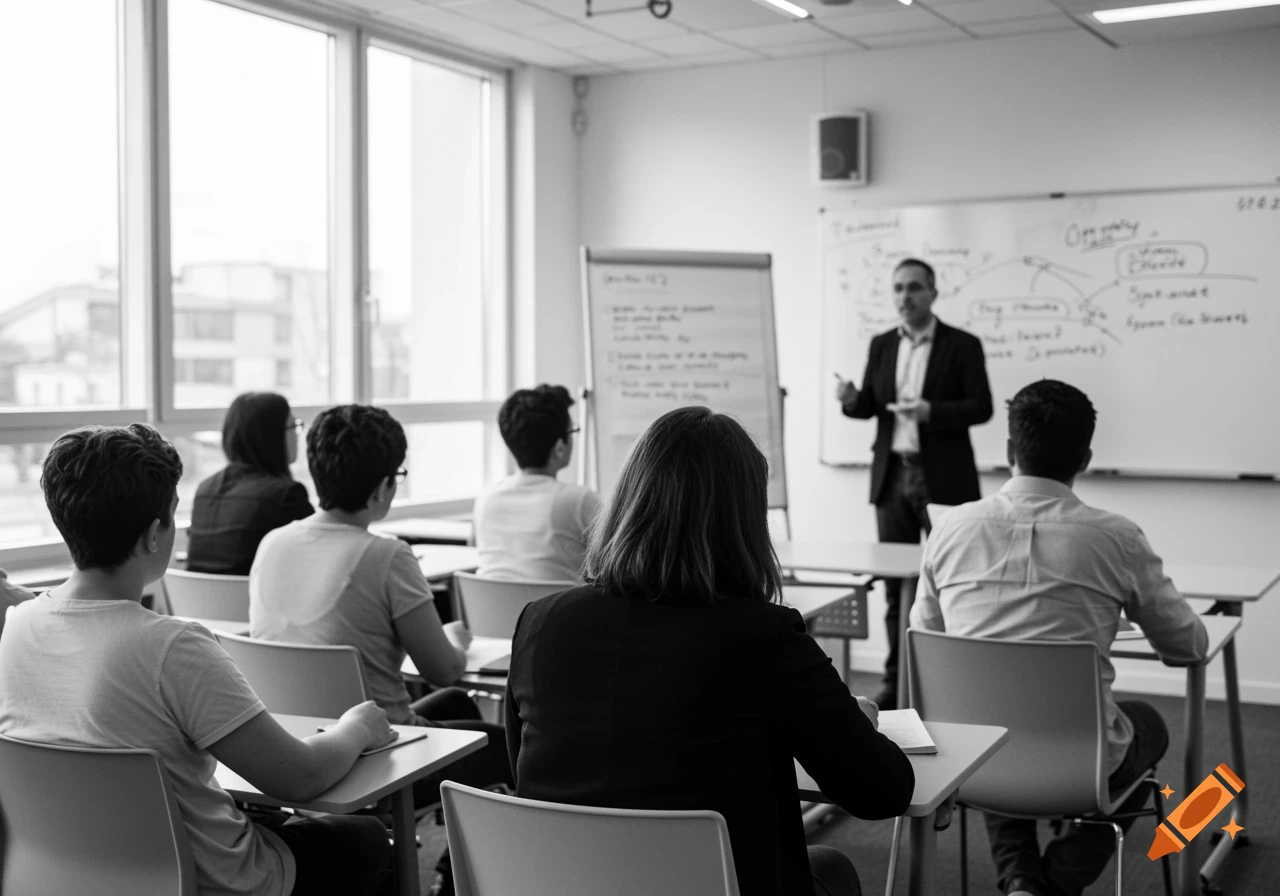 A black and white photo of a male lecturer addressing students in a classroom.
