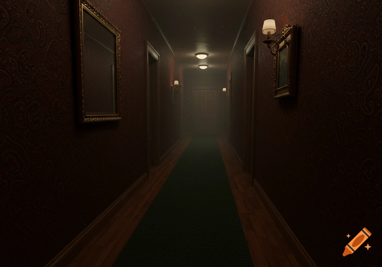 A long, dimly lit hallway with dark red paisley wallpaper, a green runner rug, and ornate wall sconces, leading to a closed door in the distance.