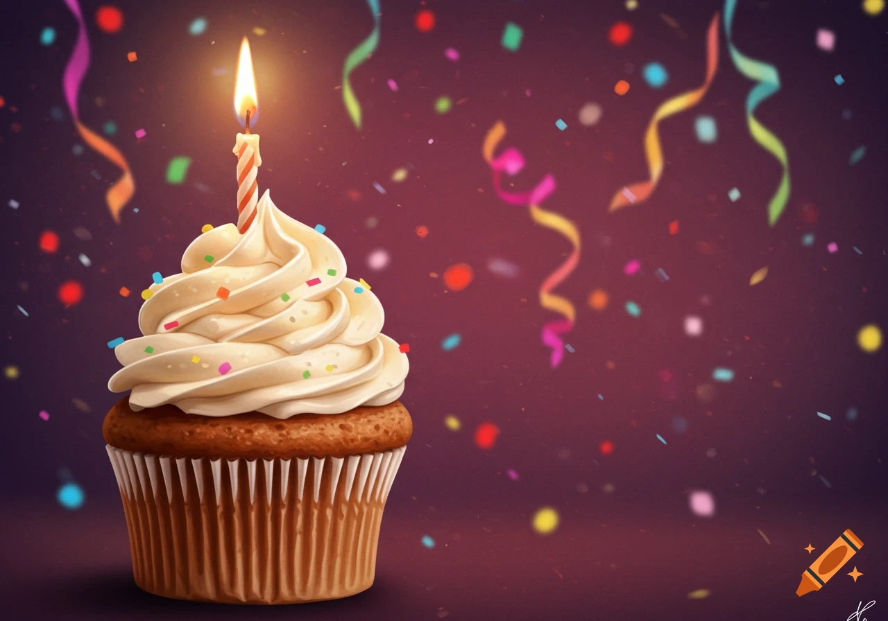 A cupcake with a lit candle, surrounded by colorful confetti and streamers against a dark background.
