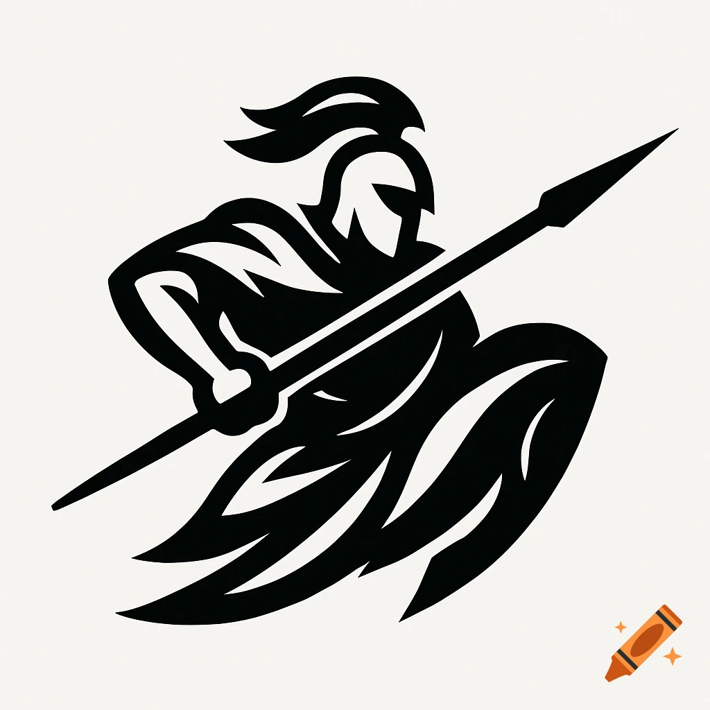 A black and white minimalist logo of a Spartan warrior holding a spear.