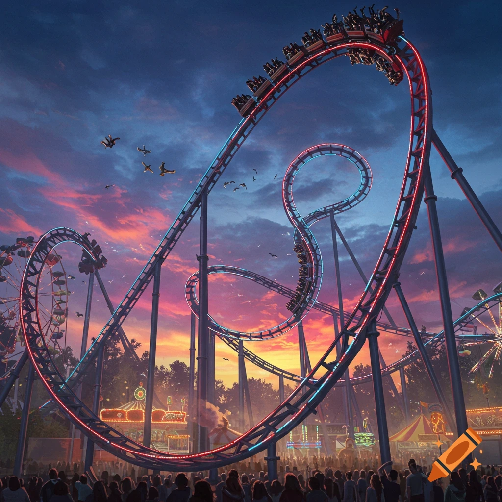 A vibrant evening scene at an amusement park with a large roller coaster featuring red and blue lights, against a colorful sunset sky.