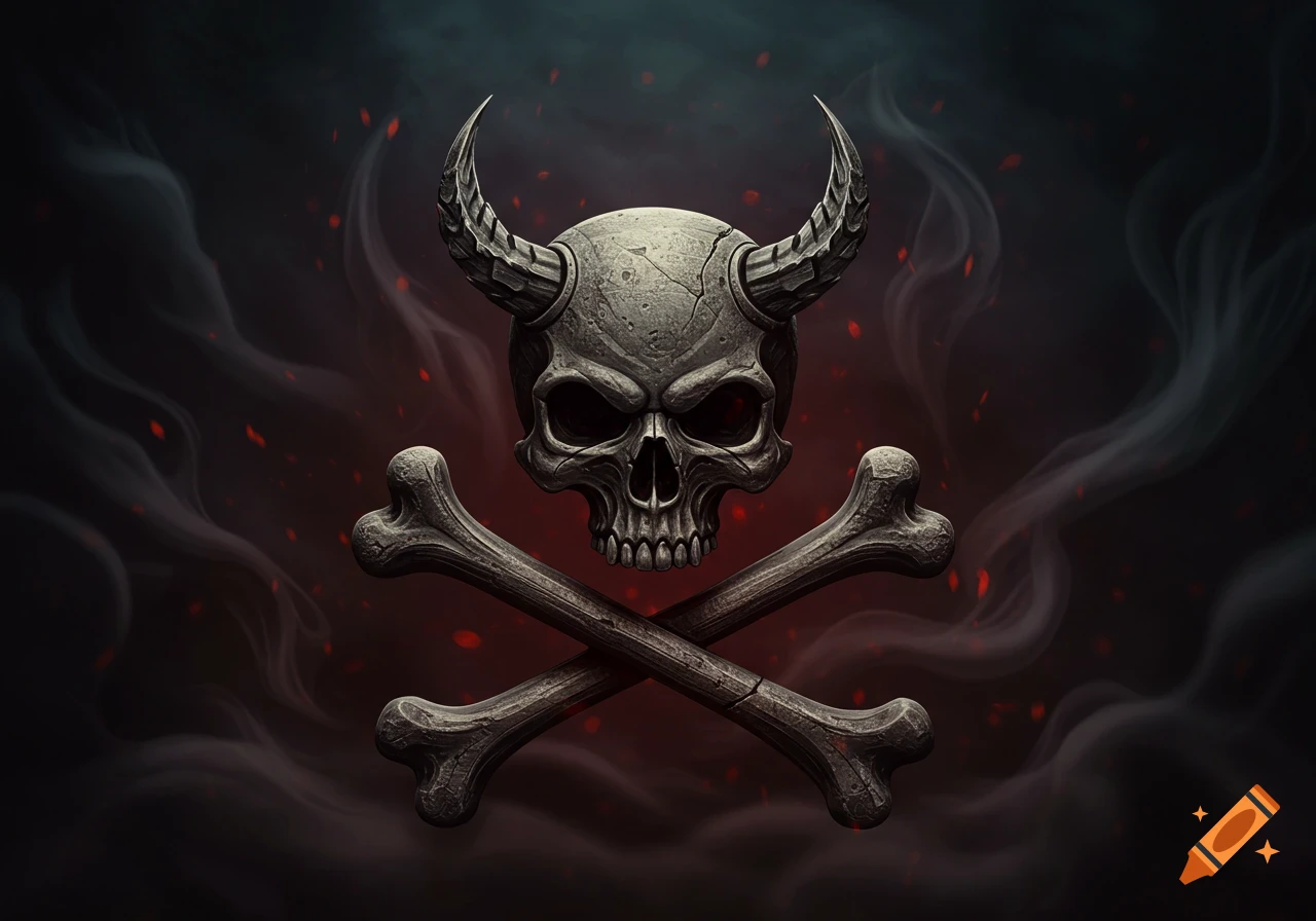 A stylized horned skull sits above two crossed bones against a dark, smoky background with red embers.