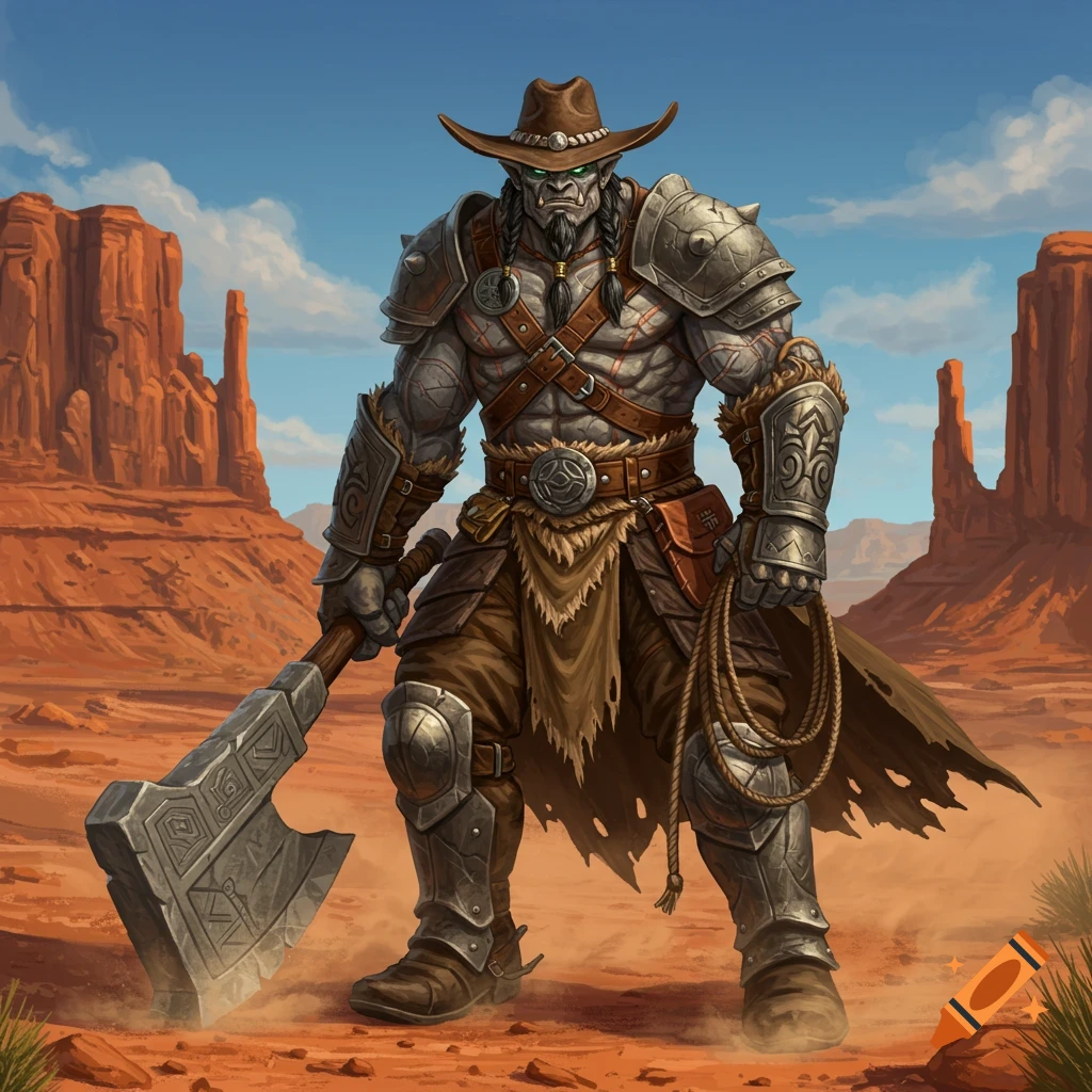 A muscular goliath barbarian in armor and a cowboy hat stands in a desert canyon, holding a large axe and a coiled rope.