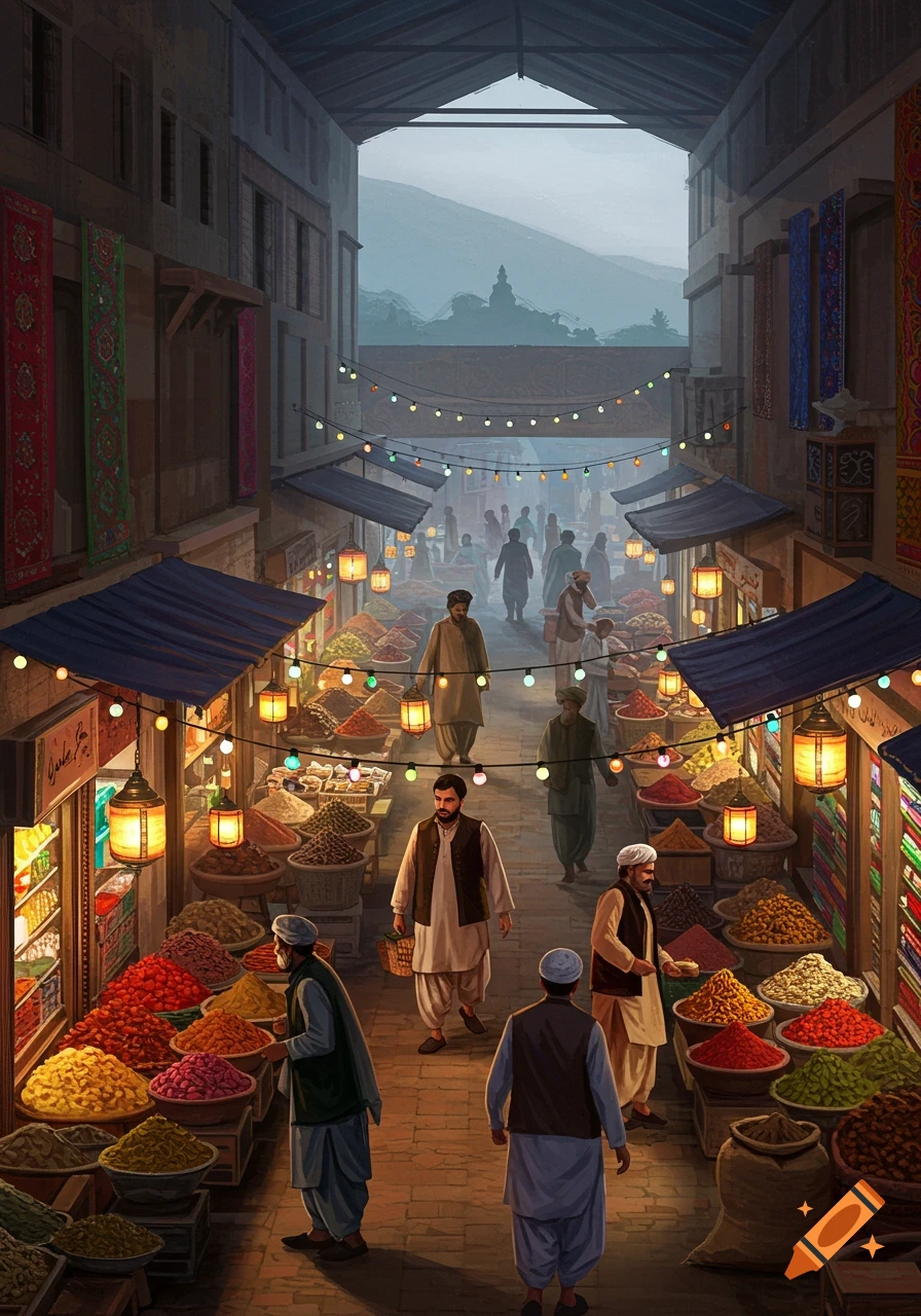 A vibrant market street filled with colorful spices and lanterns, bustling with people browsing stalls, in an illustrative style.