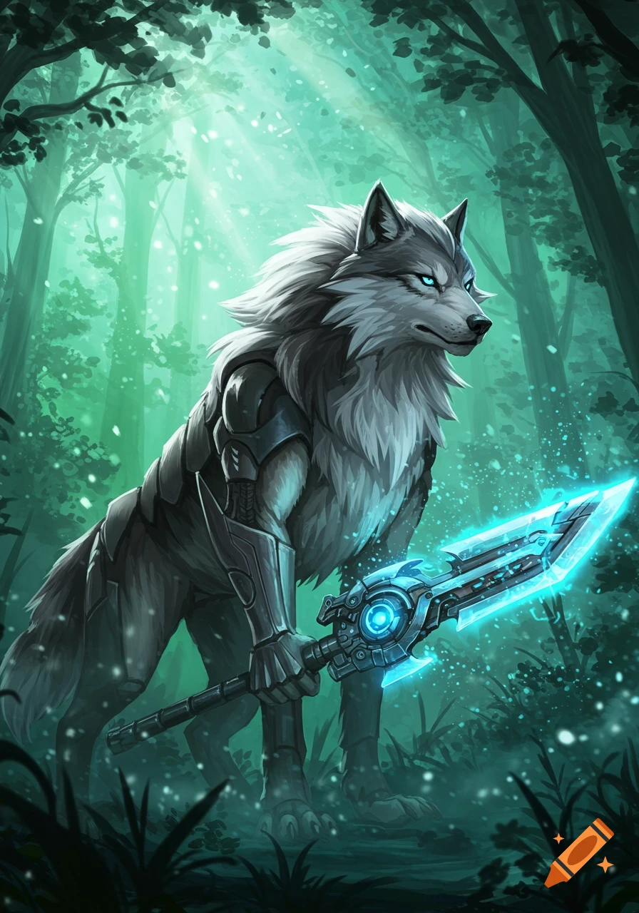 A grey wolf-like creature with armor and glowing blue eyes holds a luminous sci-fi weapon in a green forest. Illustrative.