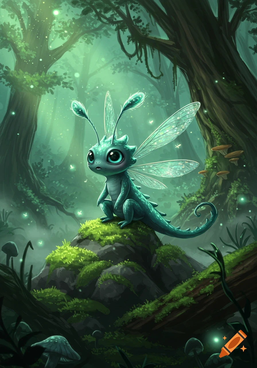 A cute, teal, fairy-like dragon with large eyes and sparkling wings sits on a mossy rock in a magical, glowing forest.