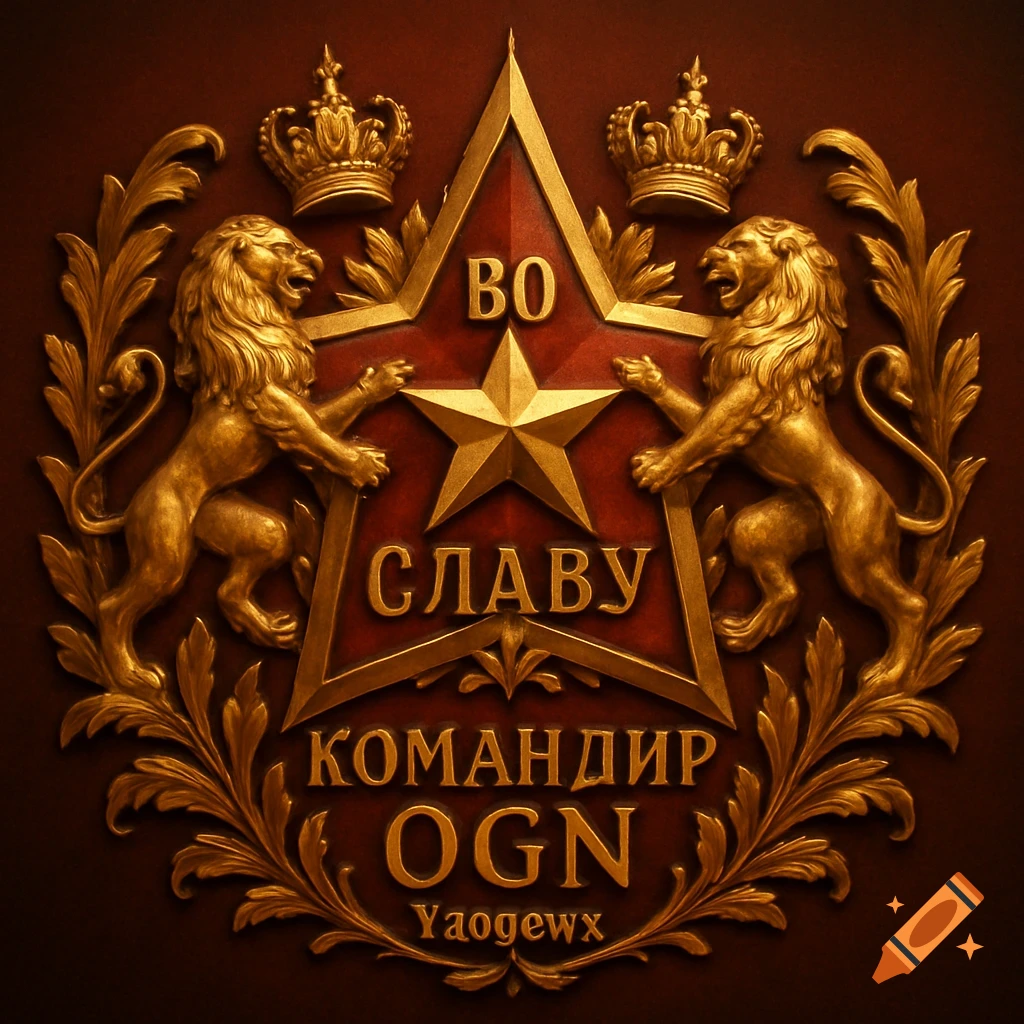Golden crest with two roaring lions holding a red star, golden leaves, and crowns. Russian text 'FOR GLORY COMMANDER OGN Yaogewx'.