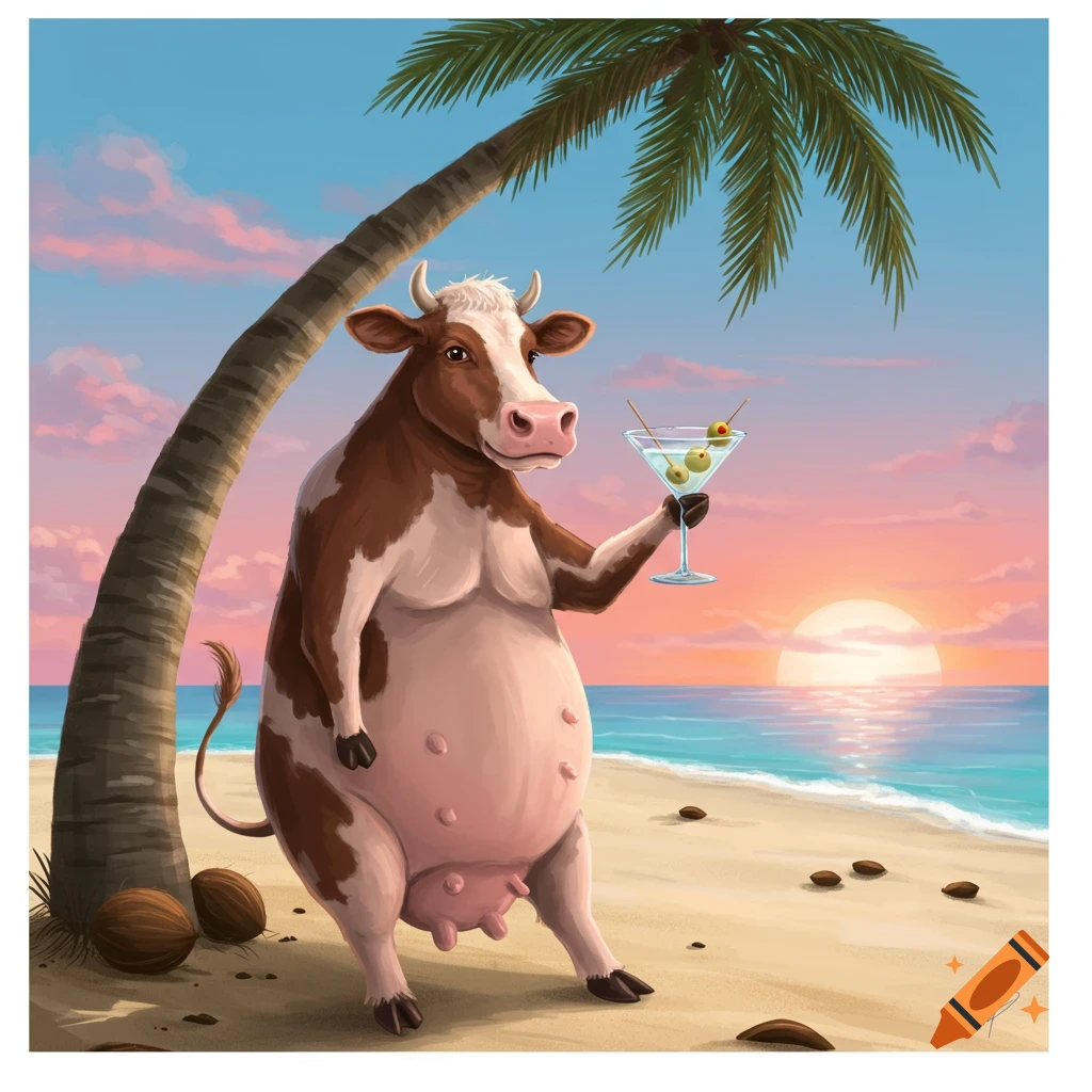 A cartoon cow holding a martini on a beach at sunset under a palm tree.