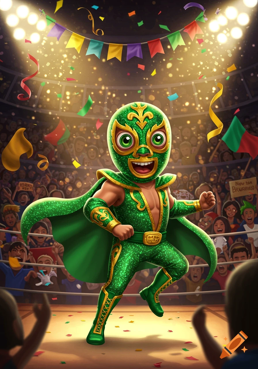 A cartoonish Mexican wrestler in a green sparkling costume and cape, standing in a wrestling ring with cheering fans and confetti.