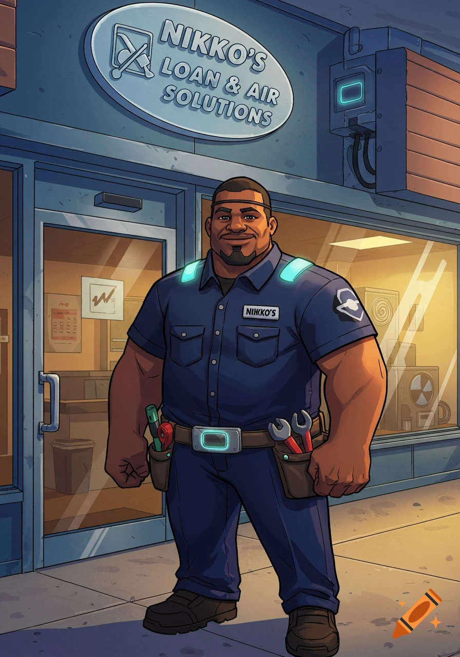 Cartoon man in a blue uniform with tools stands smiling in front of 'Nikko's Loan & Air Solutions' store.