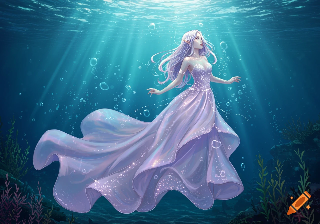 Ethereal female figure with long white hair and pointed ears, wearing a sparkling violet dress, floats underwater with sunbeams.