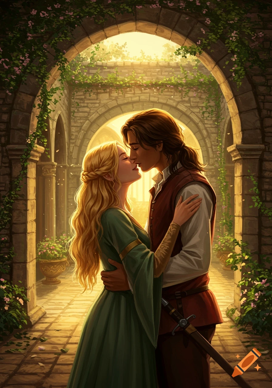A medieval couple in traditional attire sharing a passionate kiss under a sunlit archway adorned with vines.