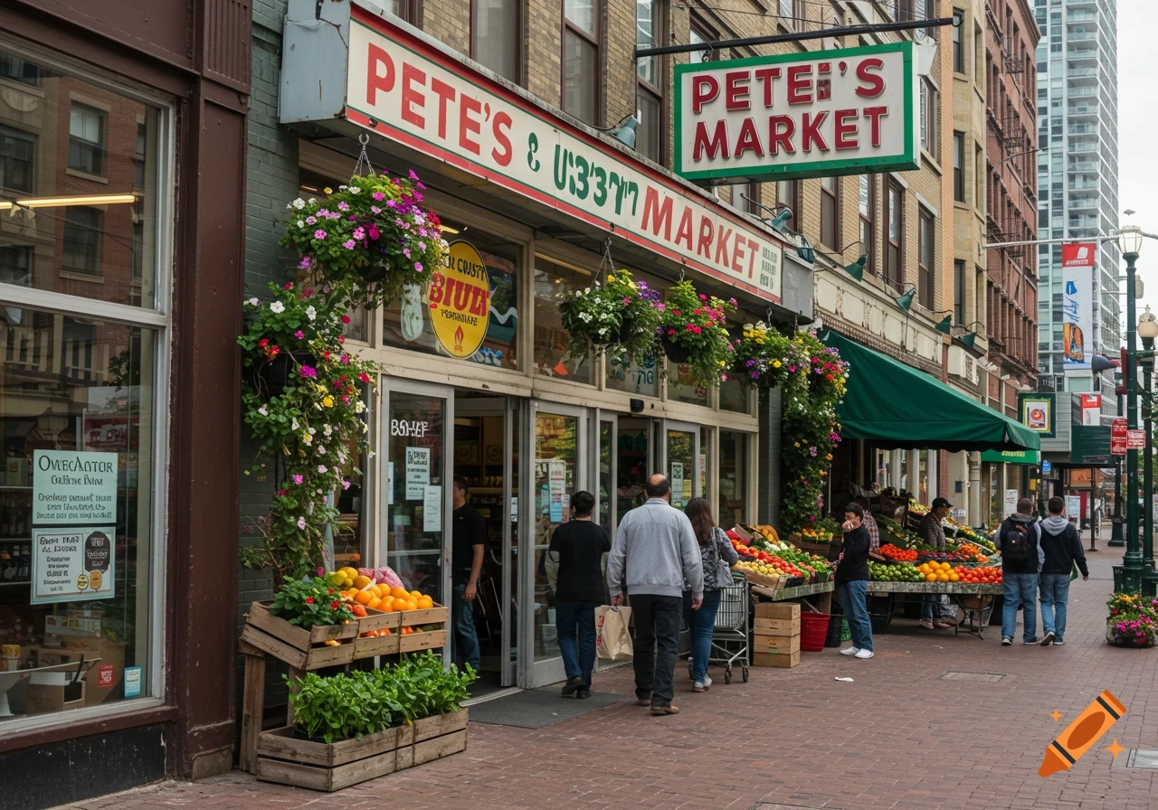 A busy street scene showing Pete's Market, a grocery store with fruit and vegetable displays outside, and people walking on the sidewalk.