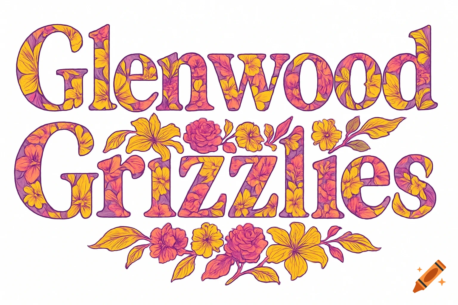 Yellow, pink, and purple floral text spelling "Glenwood Grizzlies" with additional floral accents.