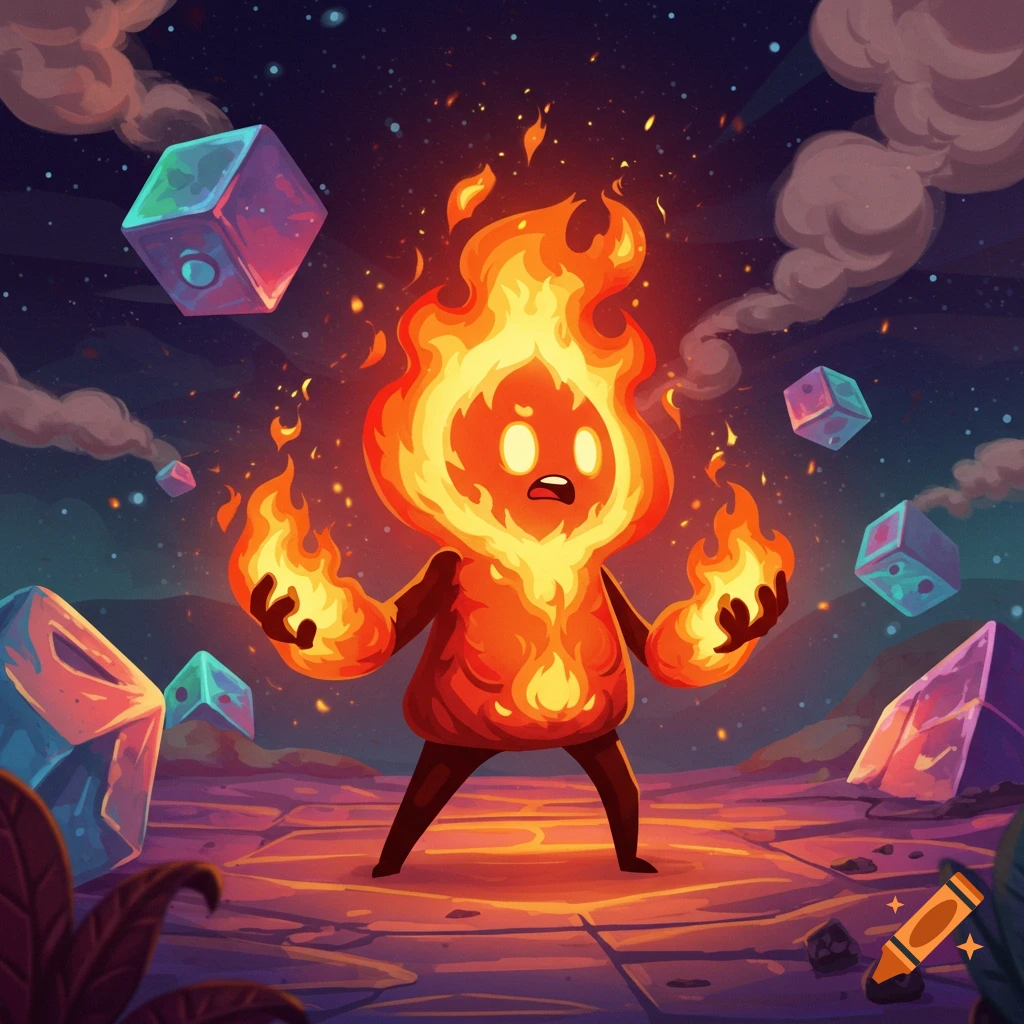 A cartoon fire creature with a distressed expression stands on a glowing, tiled alien landscape with floating geometric cubes.