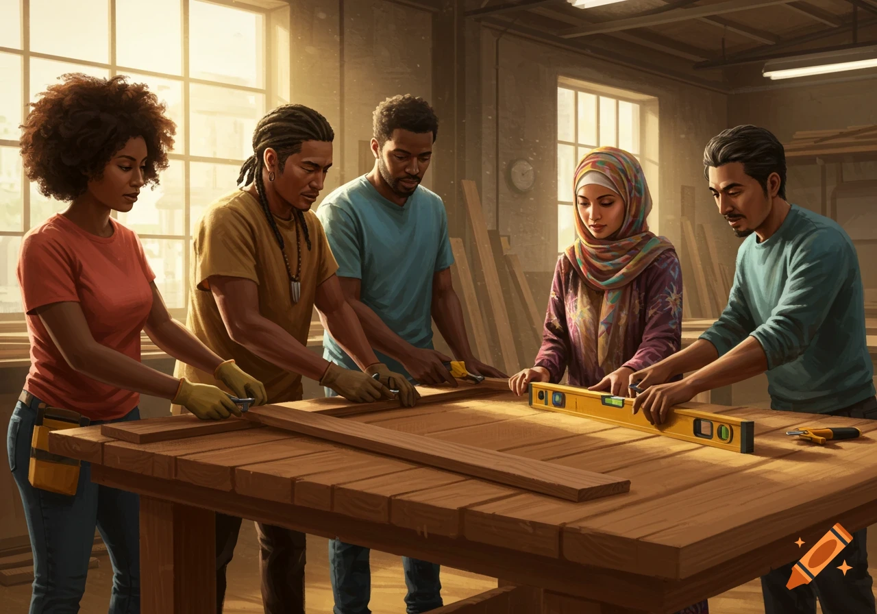 A diverse group of five people, including men and women, collaboratively building a wooden table in a sunlit workshop, using carpentry tools.