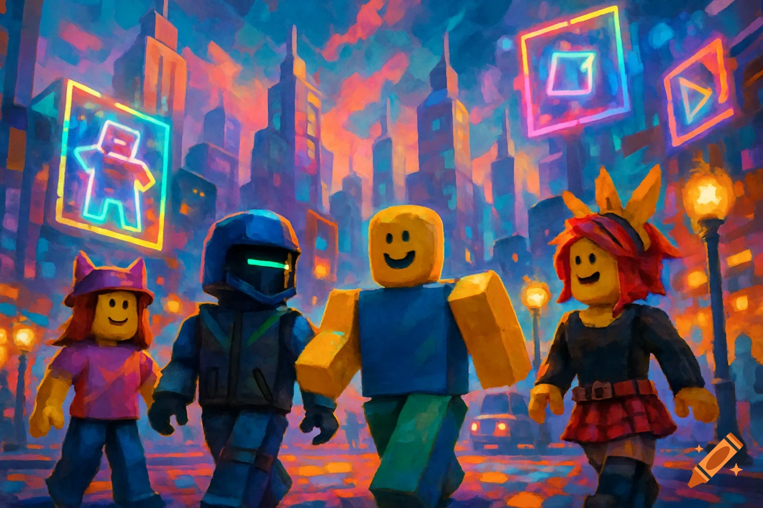 Four Roblox characters walk down a vibrant, painterly cityscape street at night with neon signs.