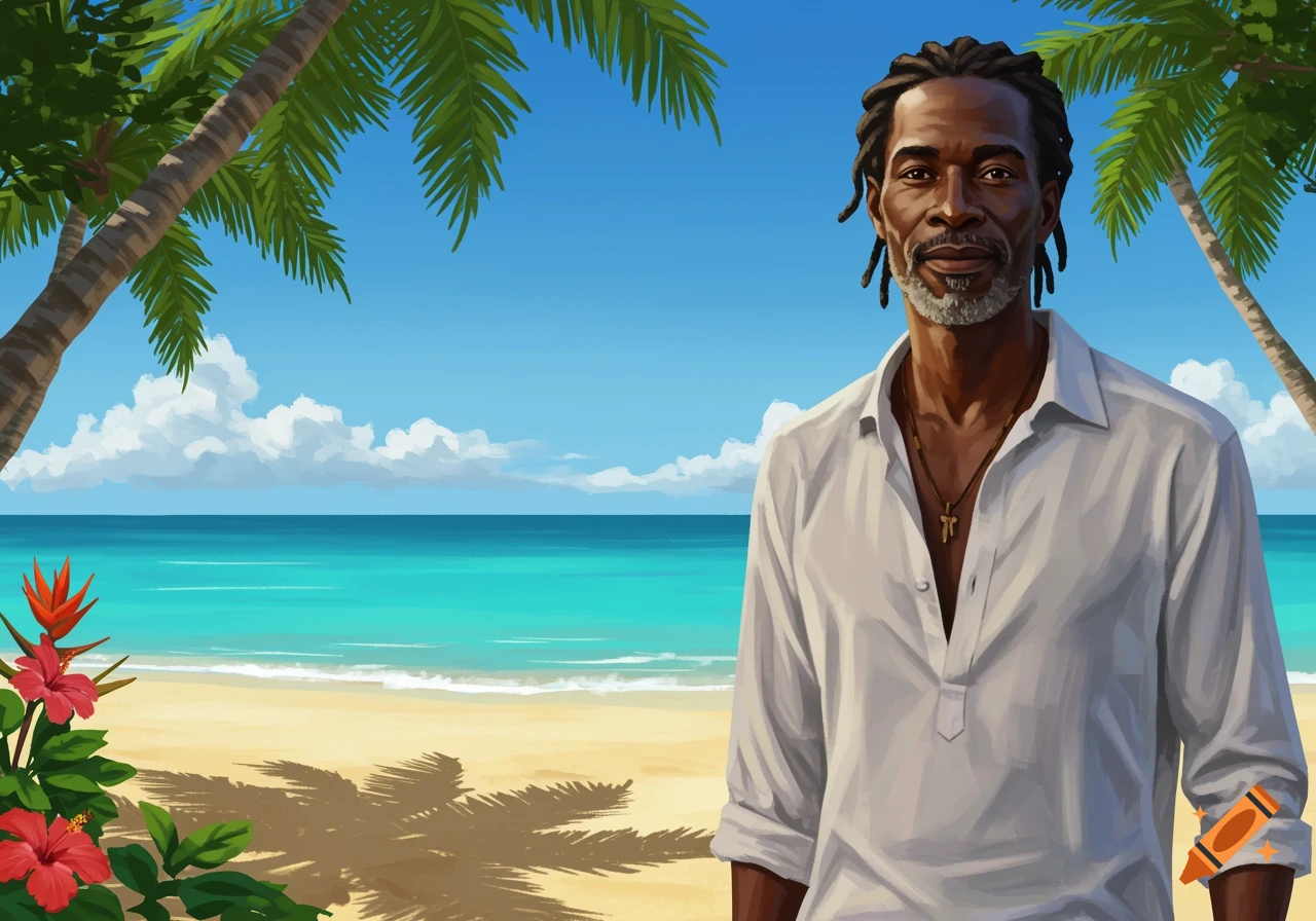 A Jamaican man with dreadlocks and a white shirt stands on a tropical beach with palm trees and turquoise water, in an illustrative style.