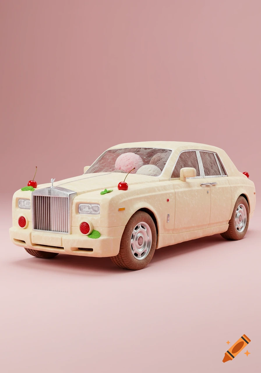 A Rolls-Royce car made of vanilla ice cream, adorned with cherries and mint leaves, on a pink background.