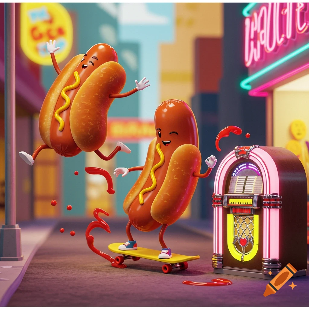 Two animated hot dogs with mustard, one jumping happily and another skateboarding on a street with ketchup splatters, a jukebox, and neon signs.