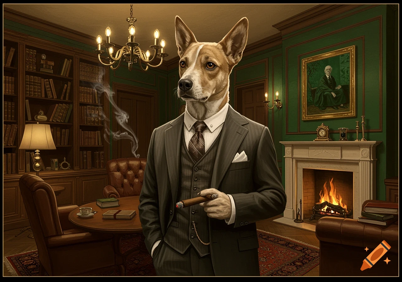 A brown and white dog in a dark pinstripe suit holds a lit cigar in a richly decorated study.
