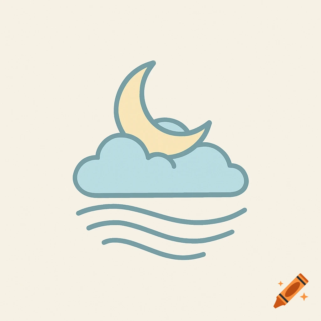 A minimalist logo with a yellow crescent moon over a light blue cloud, with three light blue wavy lines below, all on a cream background.