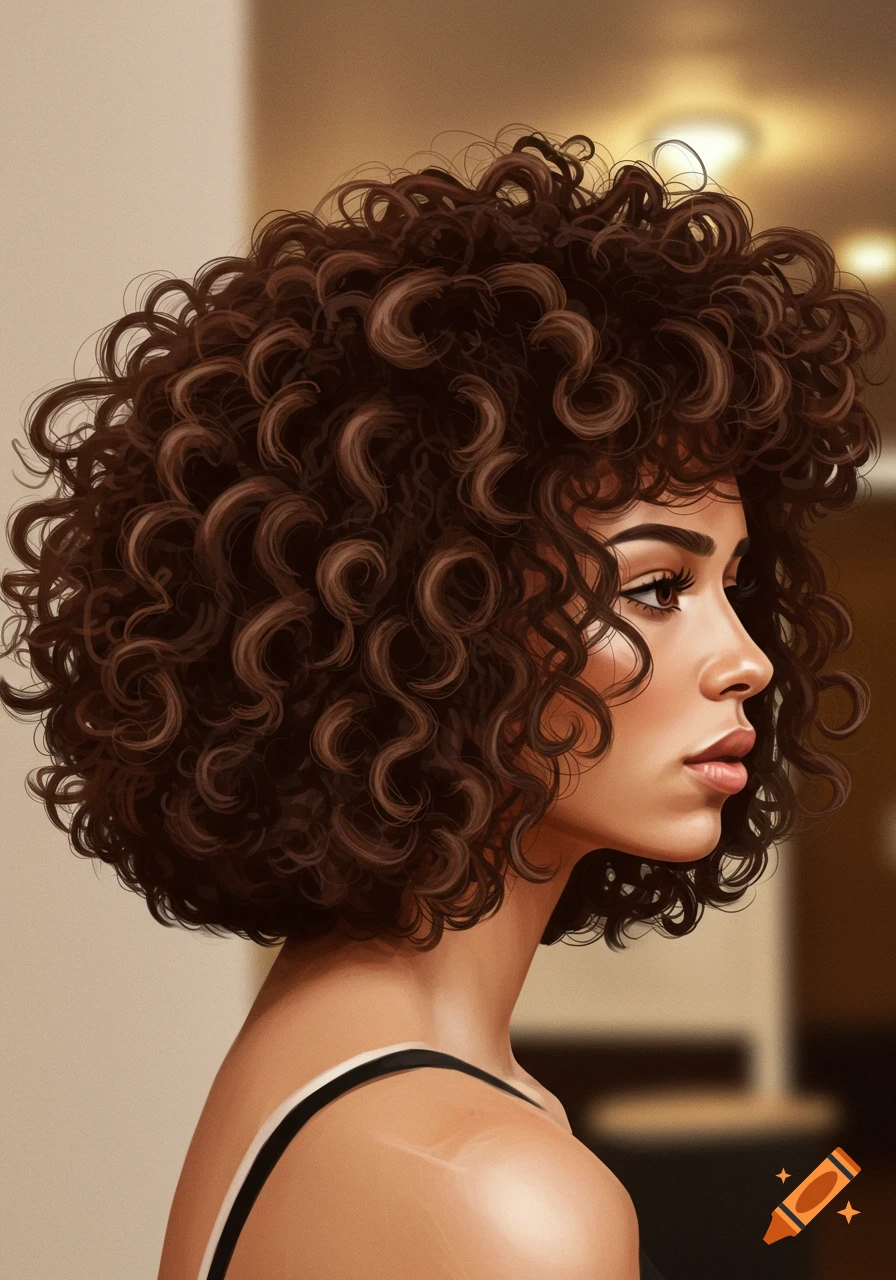 An illustration of a woman in profile with a voluminous Edgar cut of curly brown hair.