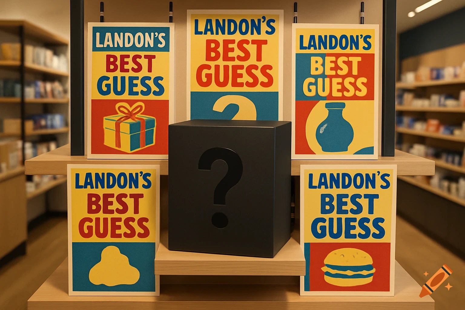 A black mystery box on a wooden shelf, surrounded by colorful posters advertising 'Landon's Best Guess' with various illustrations.