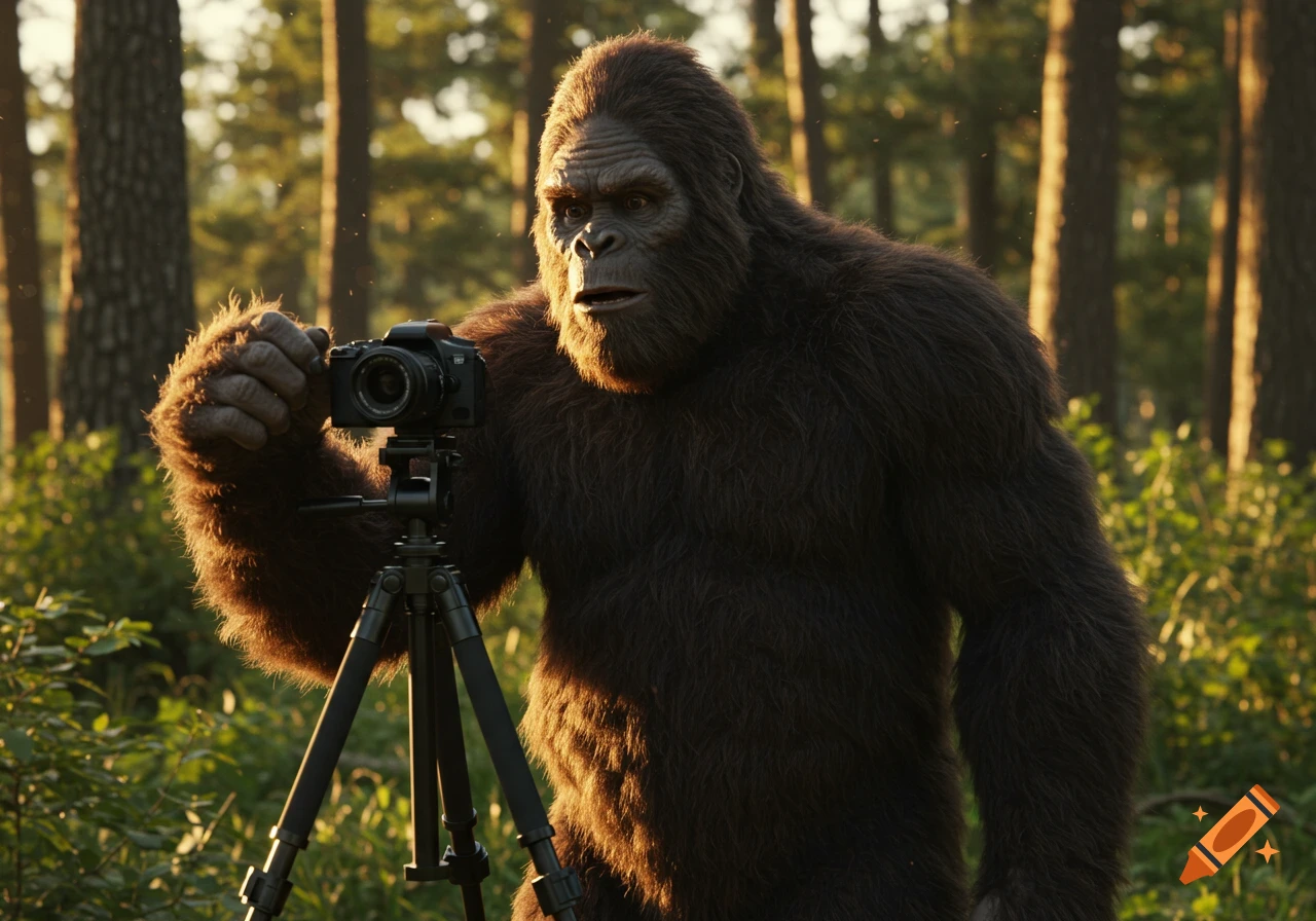 A large, furry Bigfoot holding a camera on a tripod in a sunlit forest, appearing to vlog or photograph.