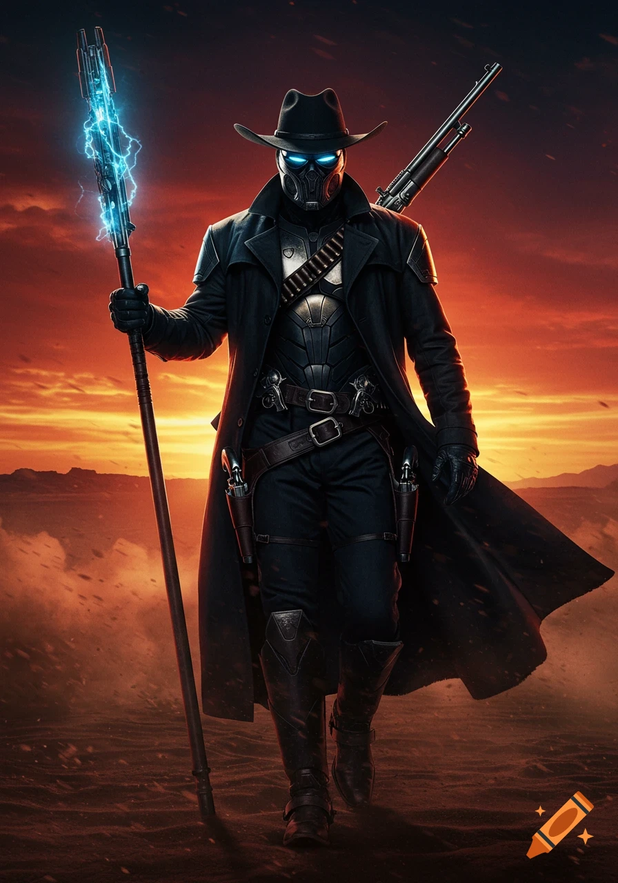 A masked cowboy superhero in black battle armor and trenchcoat with glowing blue eyes, holding a futuristic staff, standing in a desolate, sandy landscape at sunset.