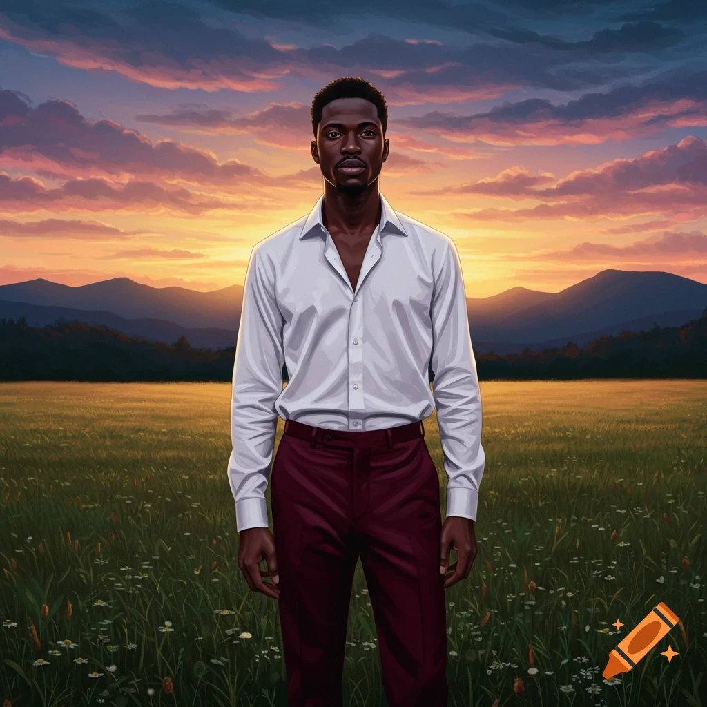 A photorealistic portrait of a Black man in a white shirt and red pants standing in a grassy field at sunset.
