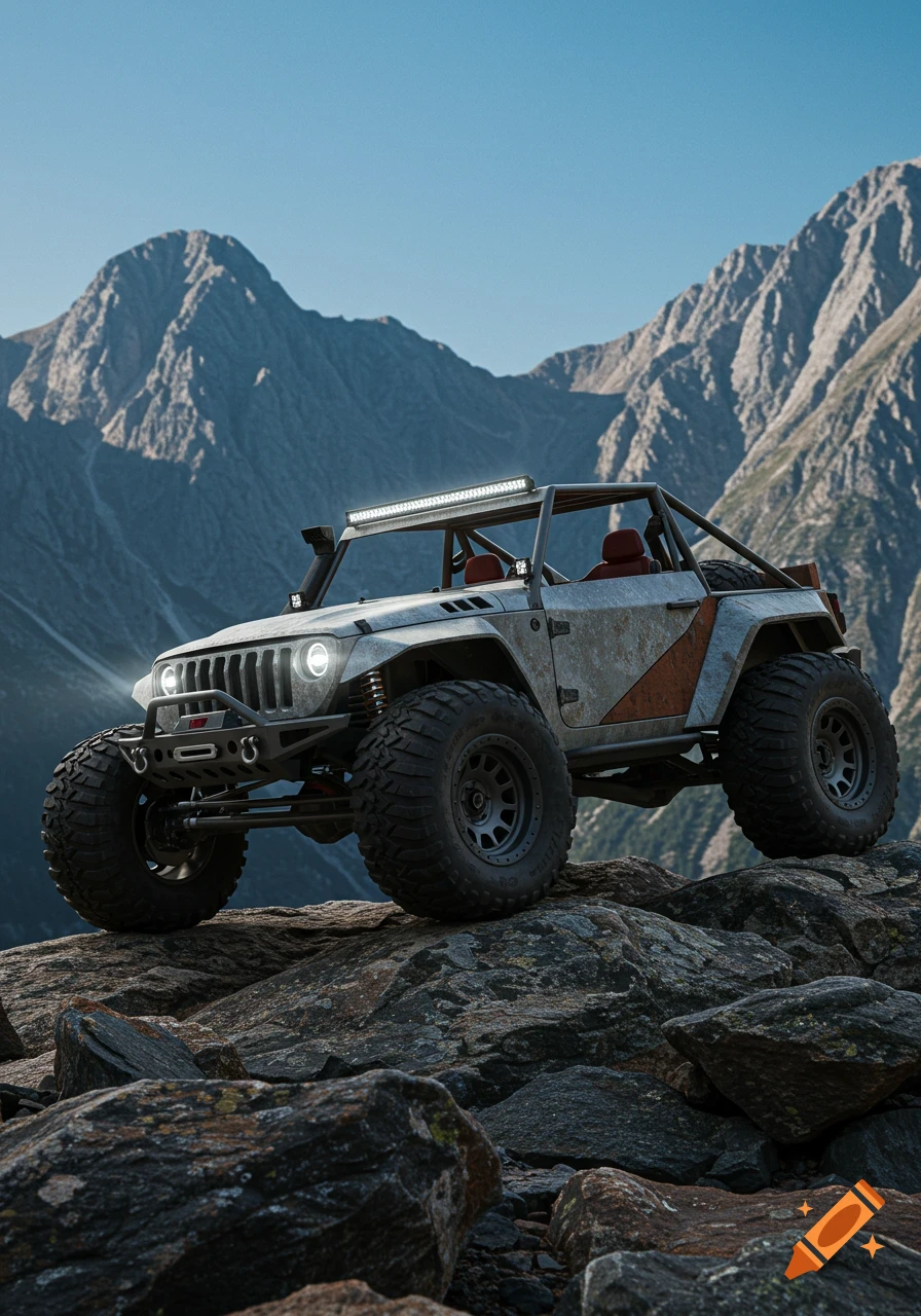 A custom off-road vehicle with large tires sits on a rocky mountain peak against a clear sky.
