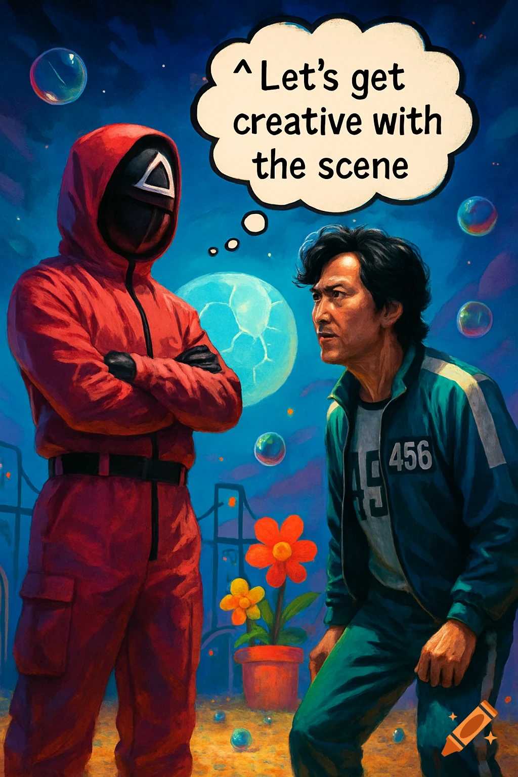 A Squid Game guard and player in a colorful, painterly scene. The guard has a thought bubble saying 'Let's get creative with the scene'.
