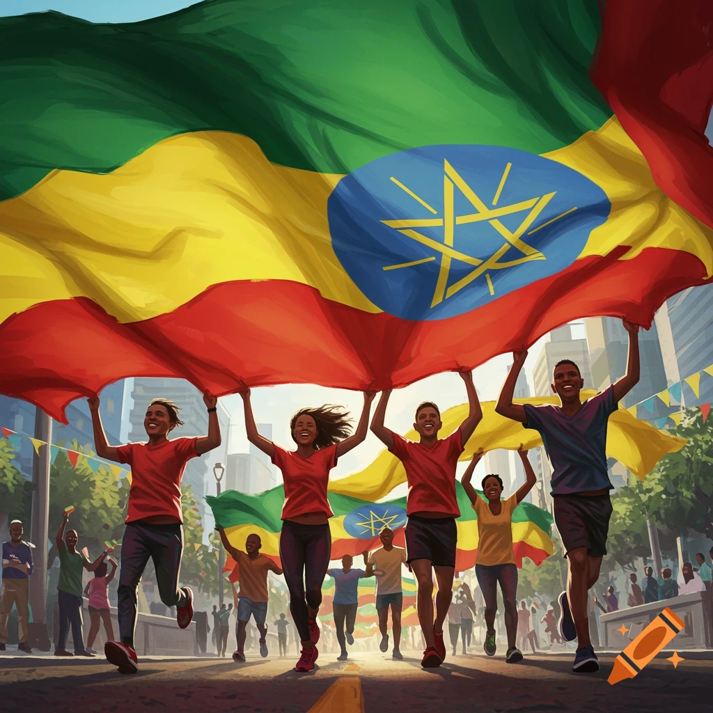 Group of smiling people running down a street, holding up a large Ethiopian flag in a painted style.