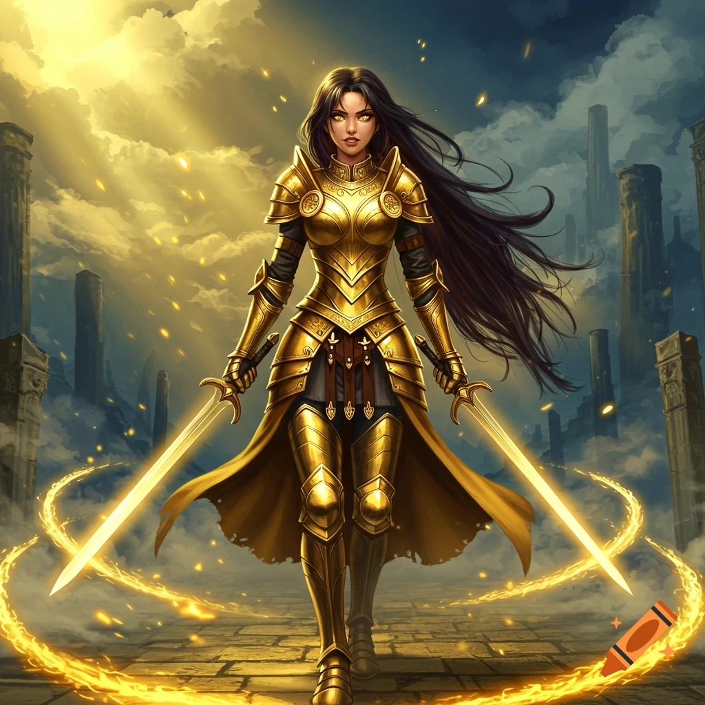 A female warrior in golden armor holds two glowing swords, standing amidst ancient ruins with golden light rays. Digital fantasy art.