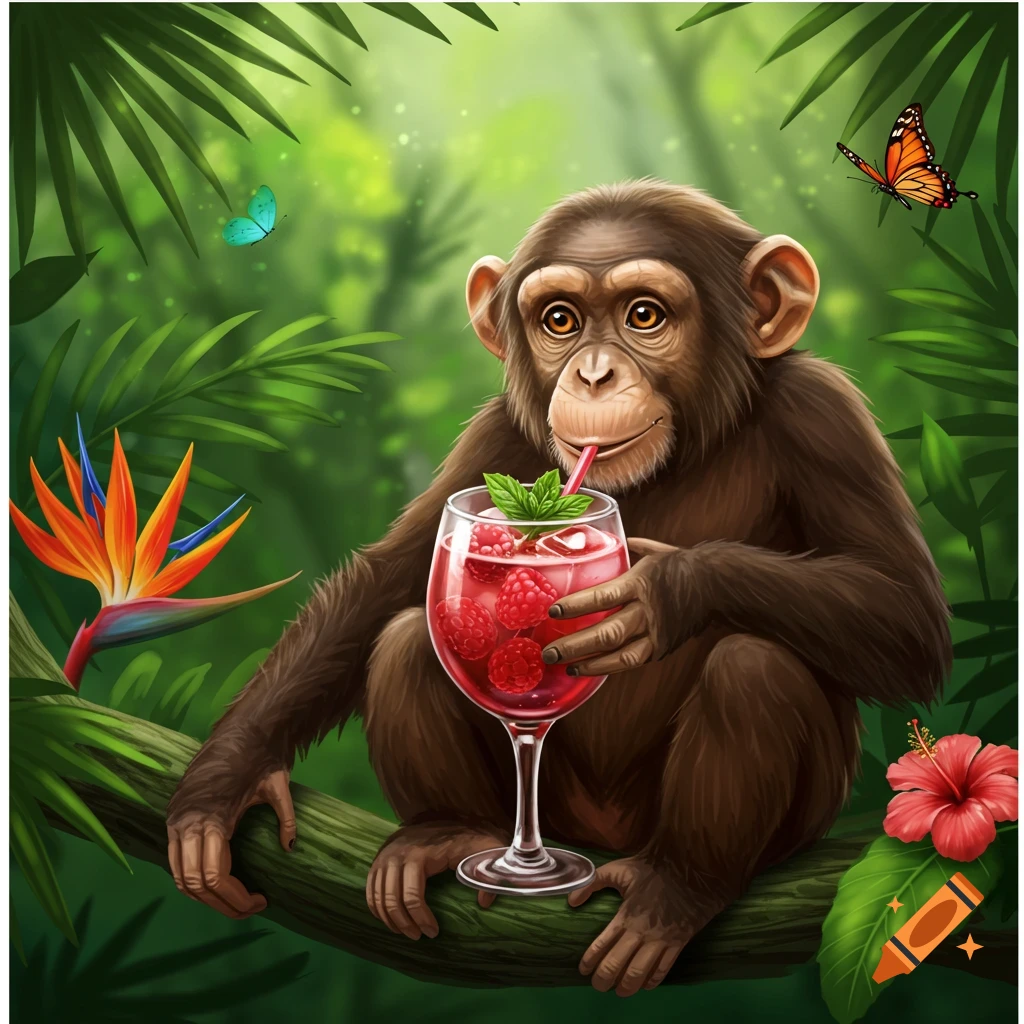 Cute chimpanzee sits on a jungle branch, sipping a raspberry drink from a glass, surrounded by tropical flowers and butterflies in an illustration.