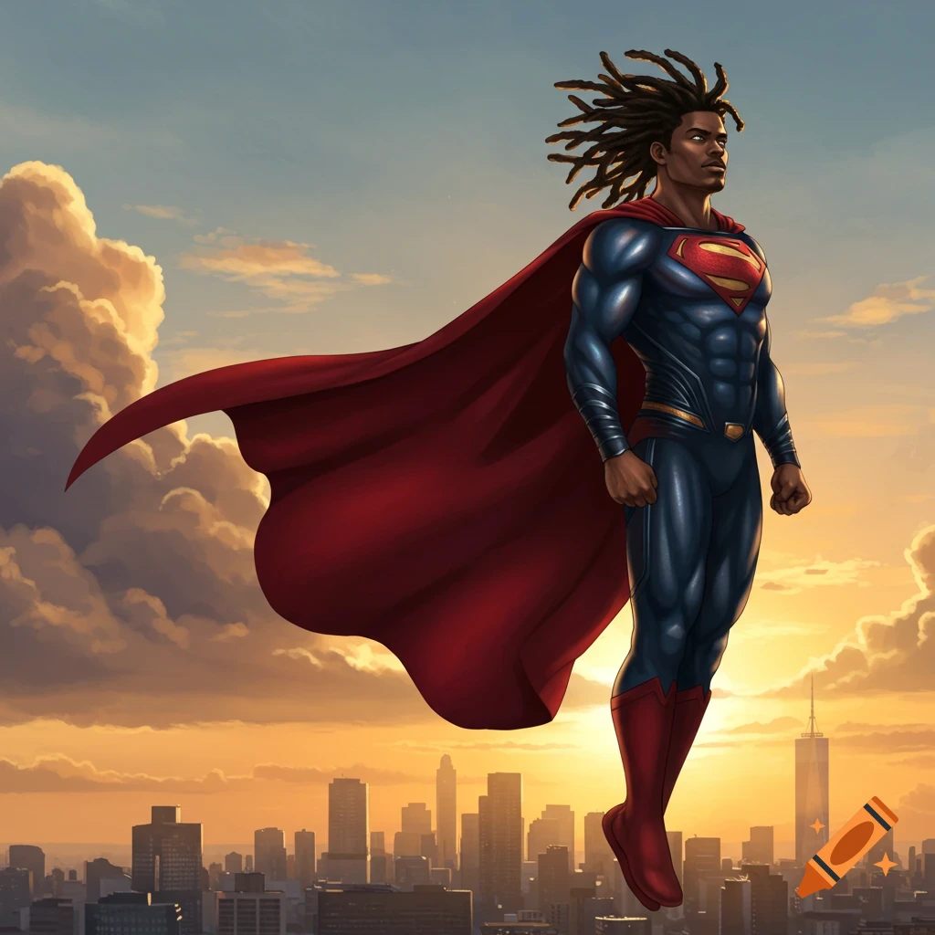 Black Superman with dreadlocks flying over a city skyline at sunset, rendered in a realistic comic book style.