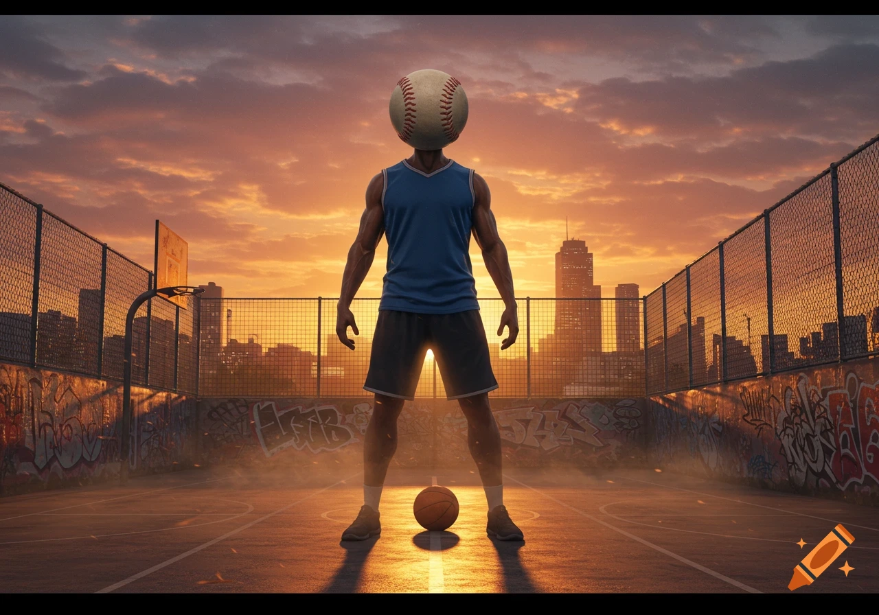 A muscular person with a baseball for a head stands on a basketball court at sunset, with a basketball at their feet and a city skyline in the background.