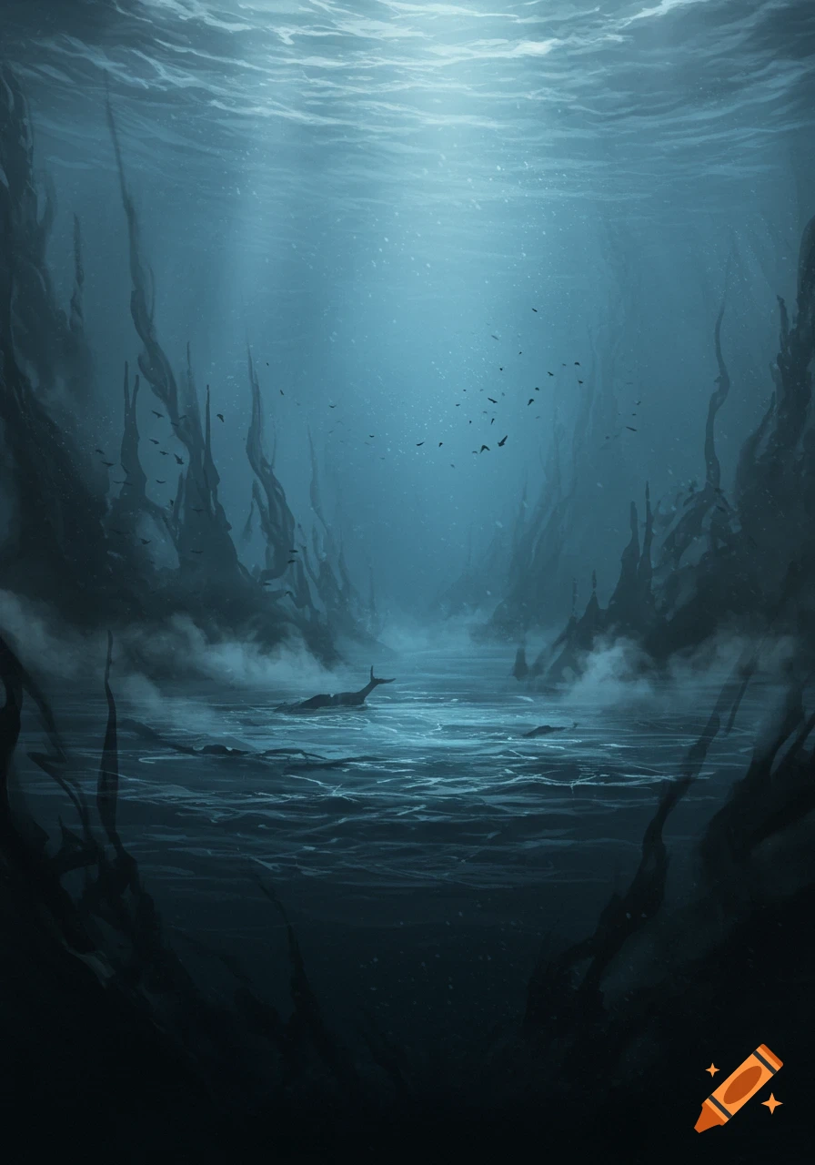 A dark, atmospheric underwater scene with light rays piercing through the surface, revealing mysterious, deep-sea plant forms and murky depths.