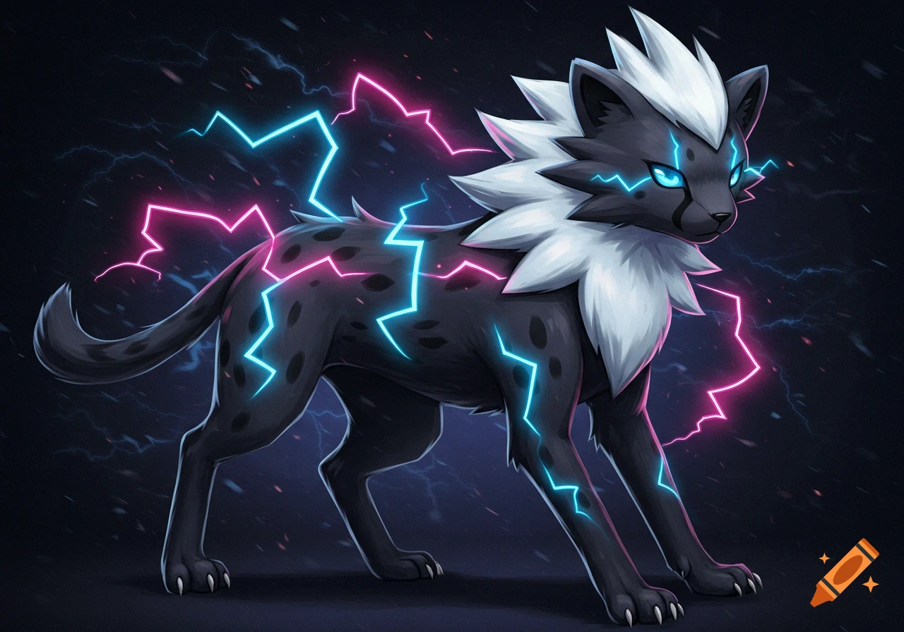 A stylized black cheetah-like Pokémon with a white mane and blue eyes, emanating pink and blue lightning bolts.
