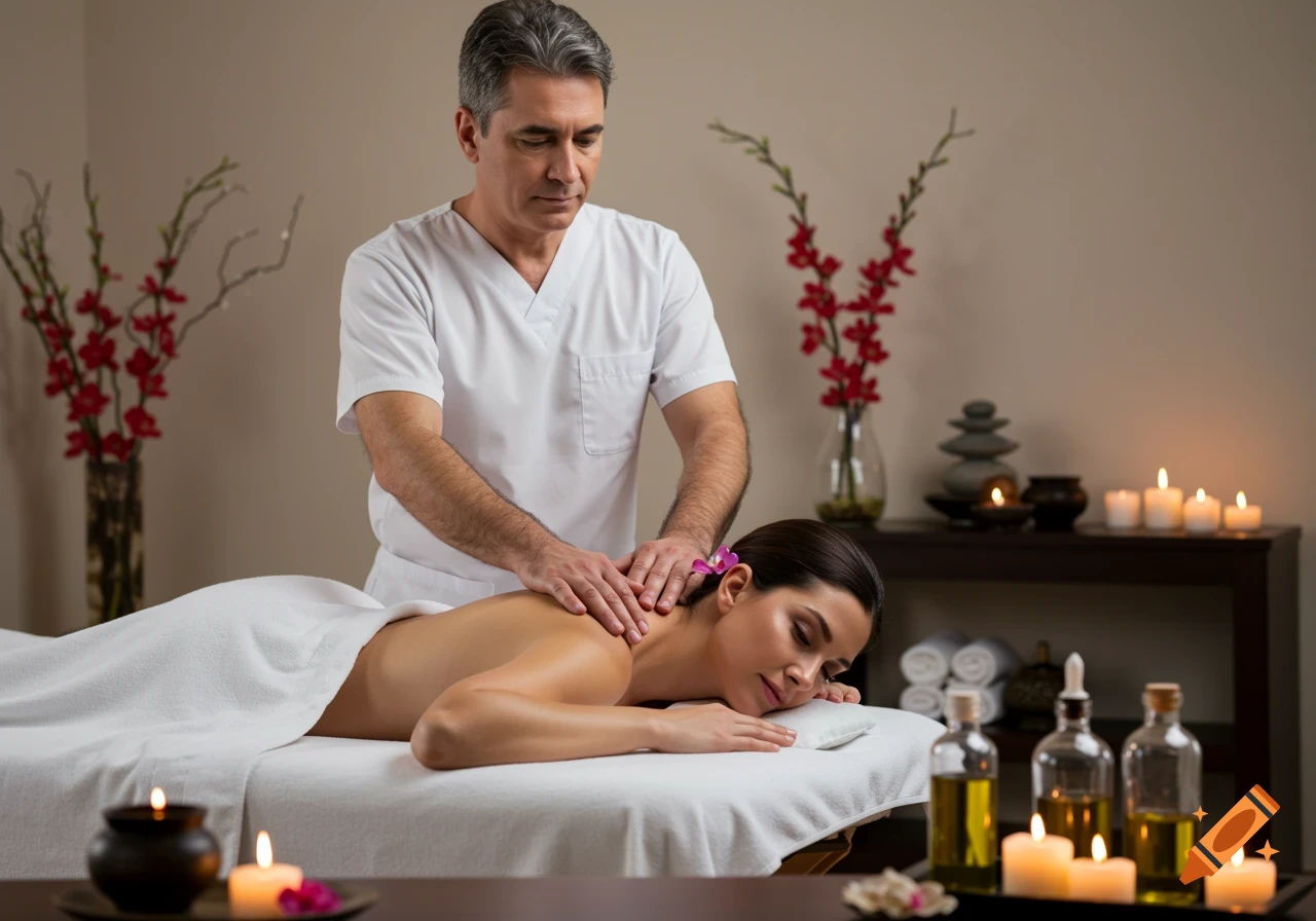 A male massage therapist massages a woman's shoulders in a serene spa room with candles and flowers.