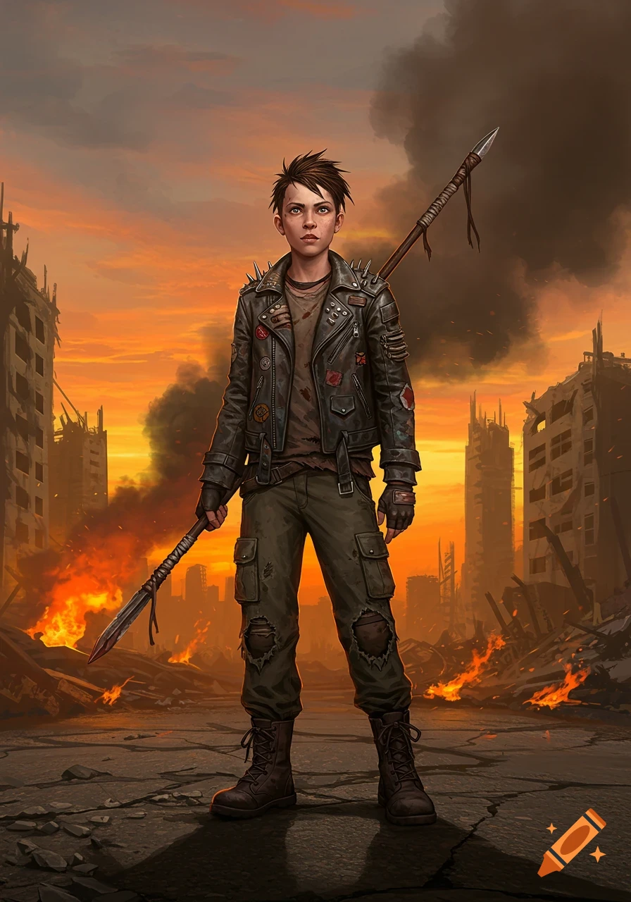 A young, tough-looking person in punk attire holding a spear stands in a fiery, ruined city at sunset, post-apocalyptic art.