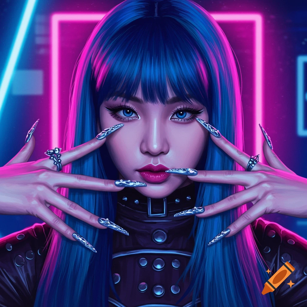 Close-up of a fierce K-pop girl with blue hair and long metallic nails against neon pink and blue lights.