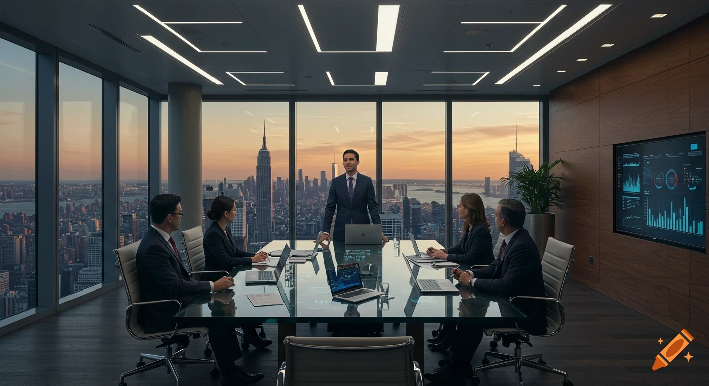 A CEO stands at the head of a conference table leading a board meeting in a modern skyscraper office overlooking a city at sunset.