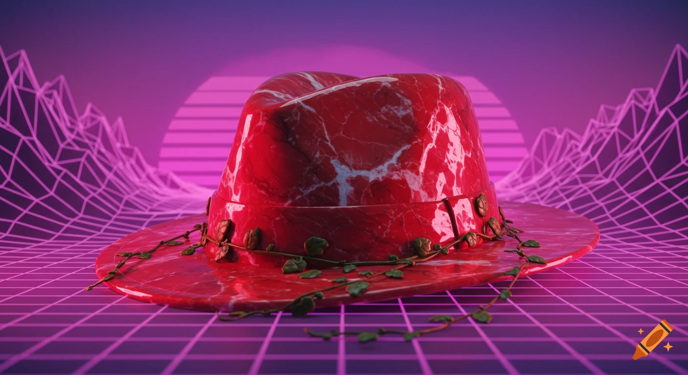 A red marble fedora overgrown with green vines sits on a neon pink and purple vaporwave grid background with a sunset.