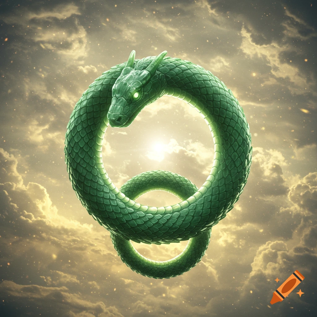 A stylized green serpent forming an ouroboros, glowing against a dramatic, cloudy sky with a bright sun.