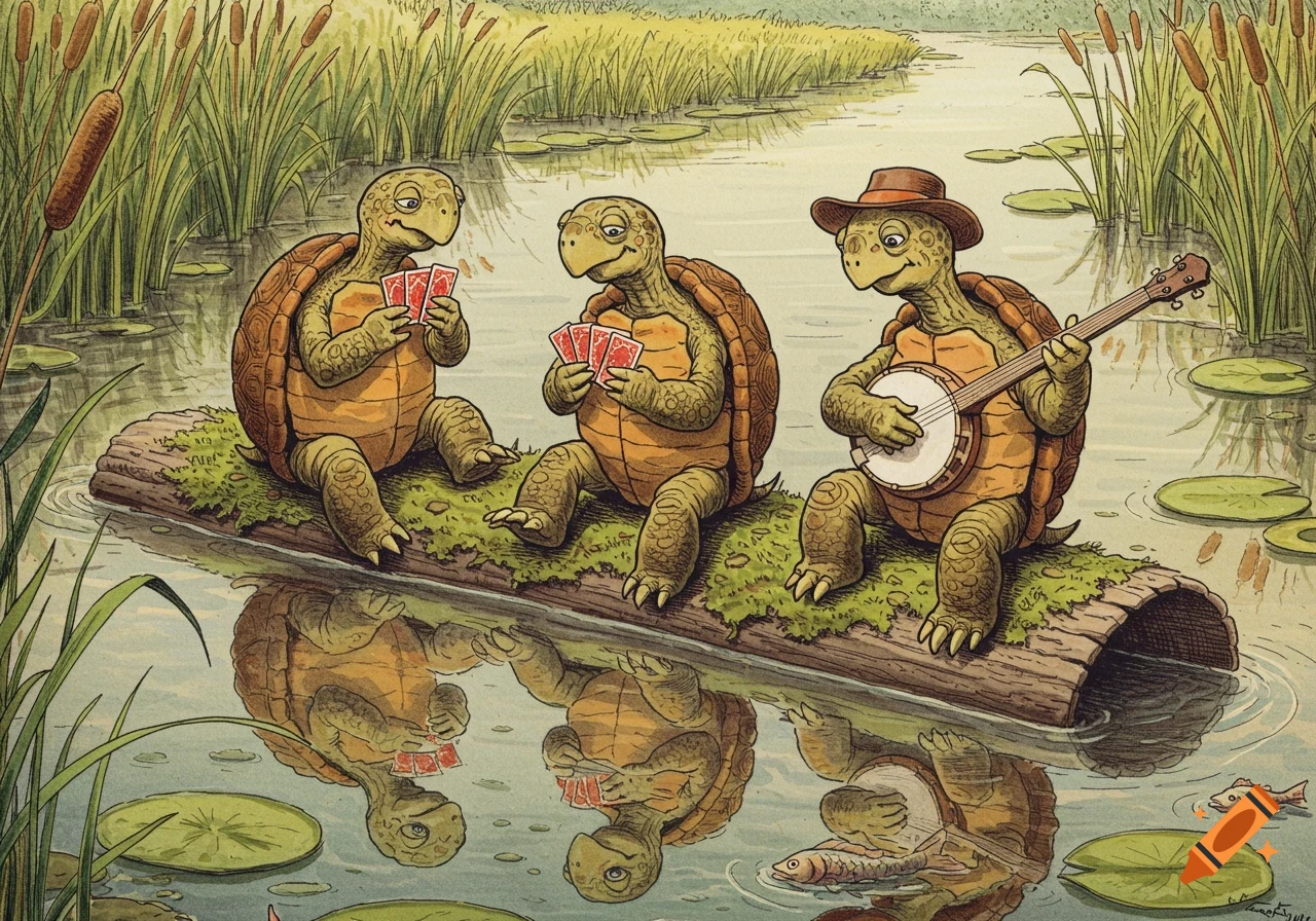Three cartoon turtles sit on a log in a river, two playing cards and one playing a banjo, in an illustrated style.