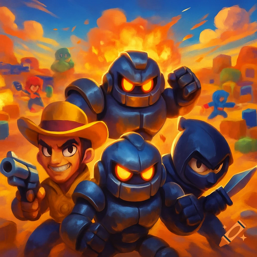 Cartoon-style video game characters including a cowboy, robots, and a ninja pose in front of a large orange explosion.