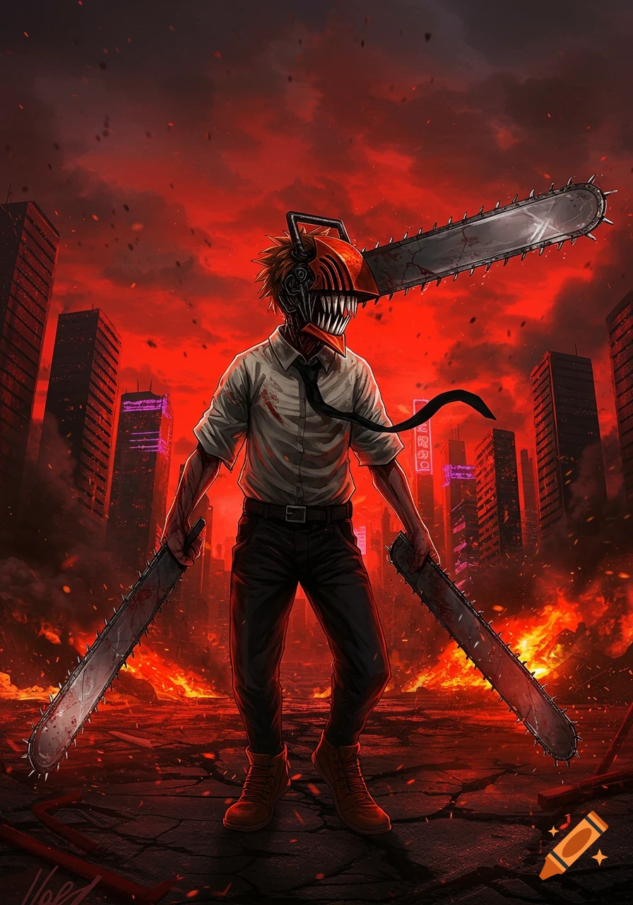 Denji, a man with a chainsaw head, stands in a fiery, destroyed city, holding two chainsaw blades. Anime style.