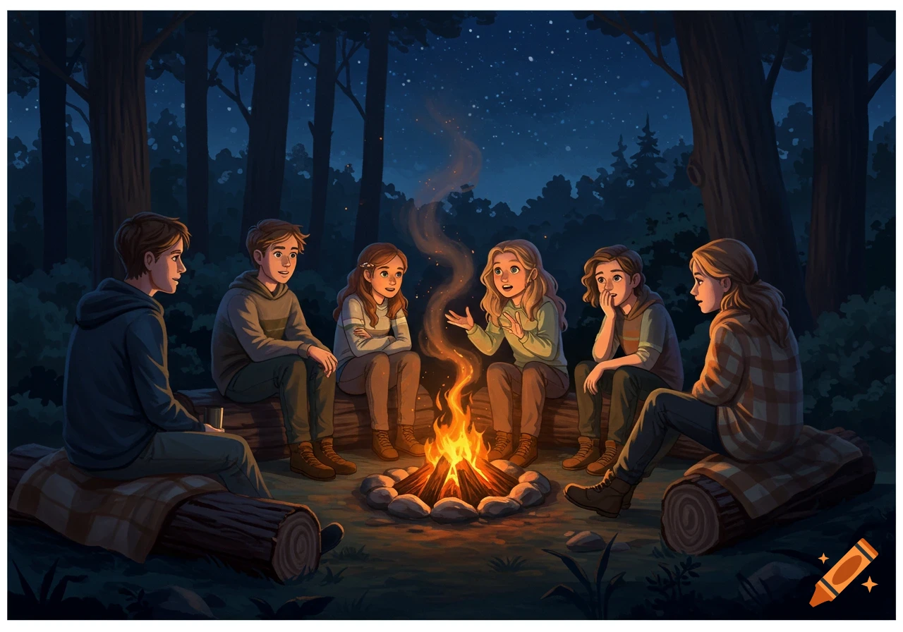 Six young friends with varied features sit around a crackling campfire in a dark forest under a starry night sky, sharing stories.